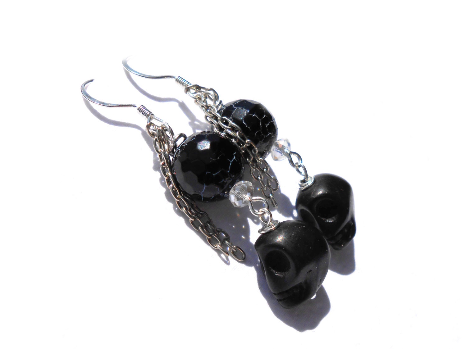 Skull Earrings - Halloween Earrings - Black Snakeskin Agate - Day of the Dead - Skulls, Chain Dangle Earrings.