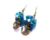 Anchor Earrings - Nautical, Brass - Pearl, Blue Bow, Dangle Earrings