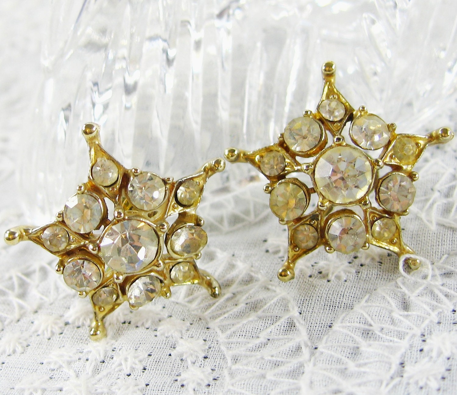Vintage Rhinestone Earrings, Stars, Flower Cluster, Glass Crystals, Gold Tone, Screw-backs, Designer CORO, 1940s Retro Floral Jewelry