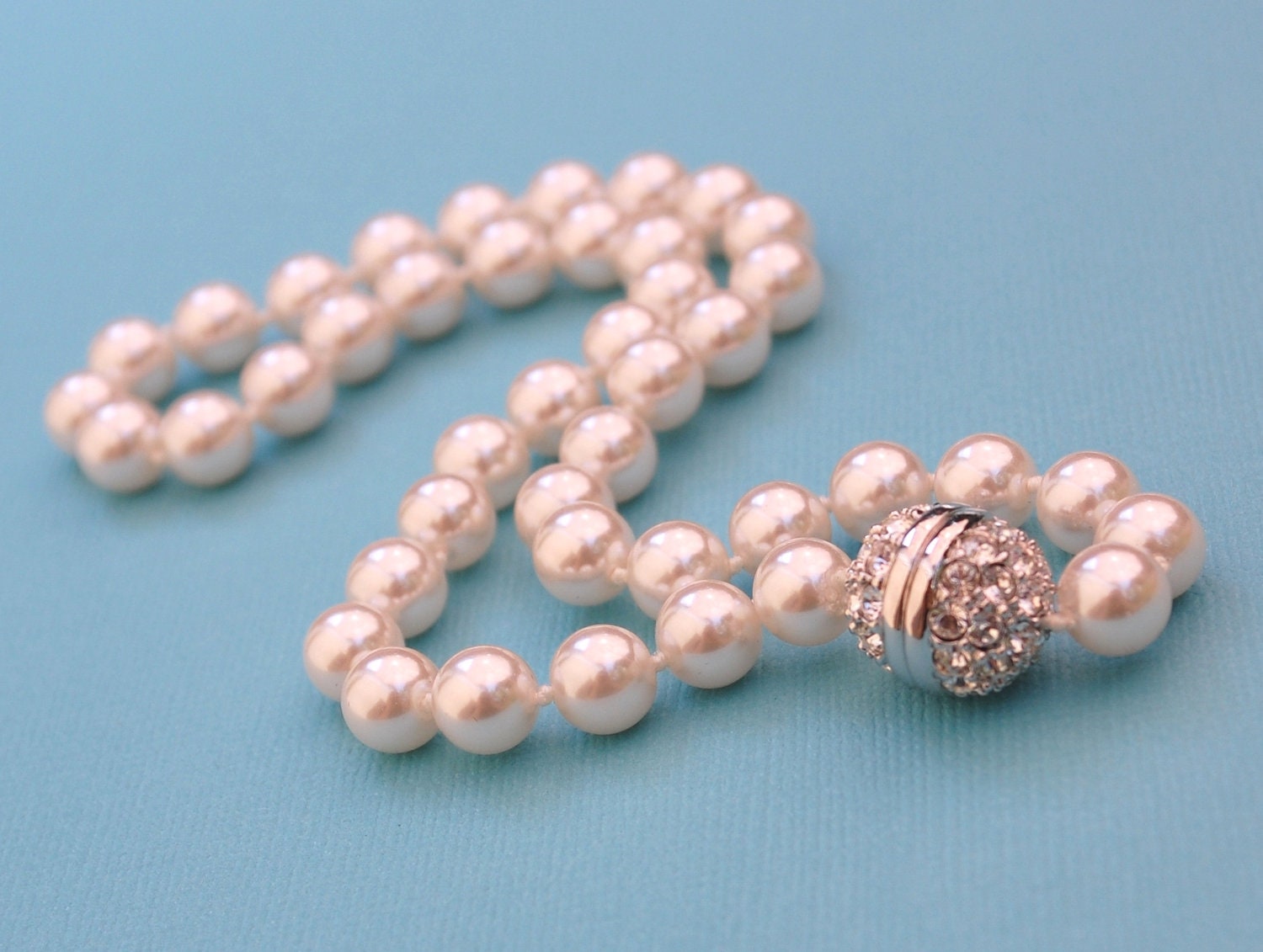 Vintage Glass Pearl Choker Necklace, Designer SWAROVSKI, Crystal / Rhinestone Rondelle Clasp, Hand Knotted, 1980s Wedding Bridal Jewelry