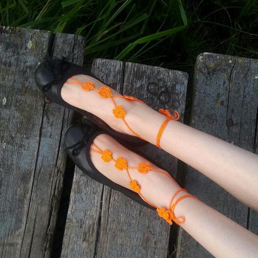 CHILDREN Barefoot Sandals, FLOWER sandals in ORANGE, children sandals, beach birthday party accessory