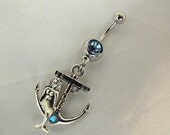 Mermaid On An Anchor Navel Belly Ring Aqua Blue Rhinestones