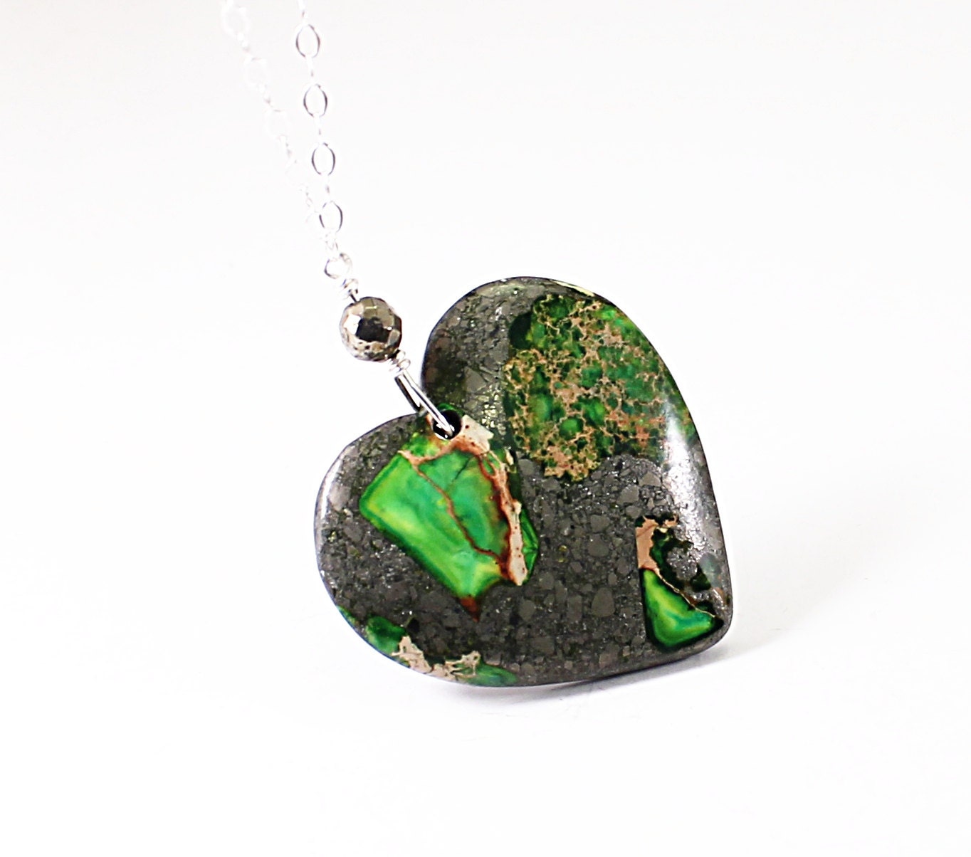 Stone heart necklace: silver Valentine Day necklace green love jewelry gift for girlfriend wife pyrite