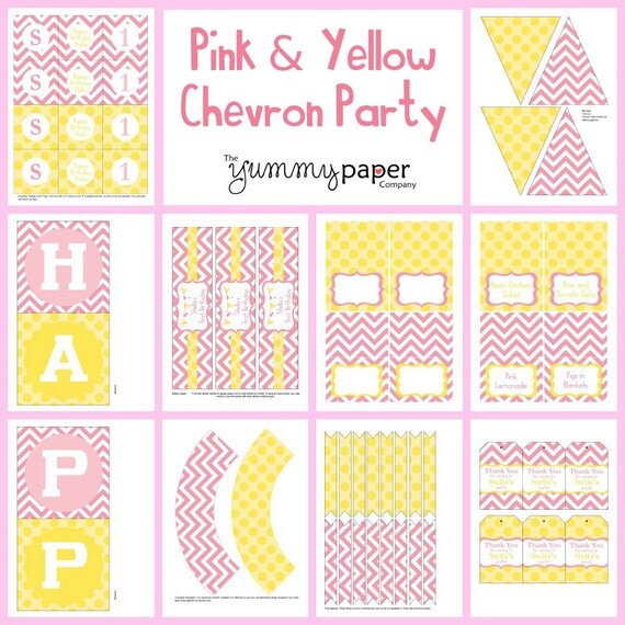 Printable Pink and Yellow Chevron Party Package - Coordinating Colors - Personalized DIY Party Printables .. pyc01 Il_570xn