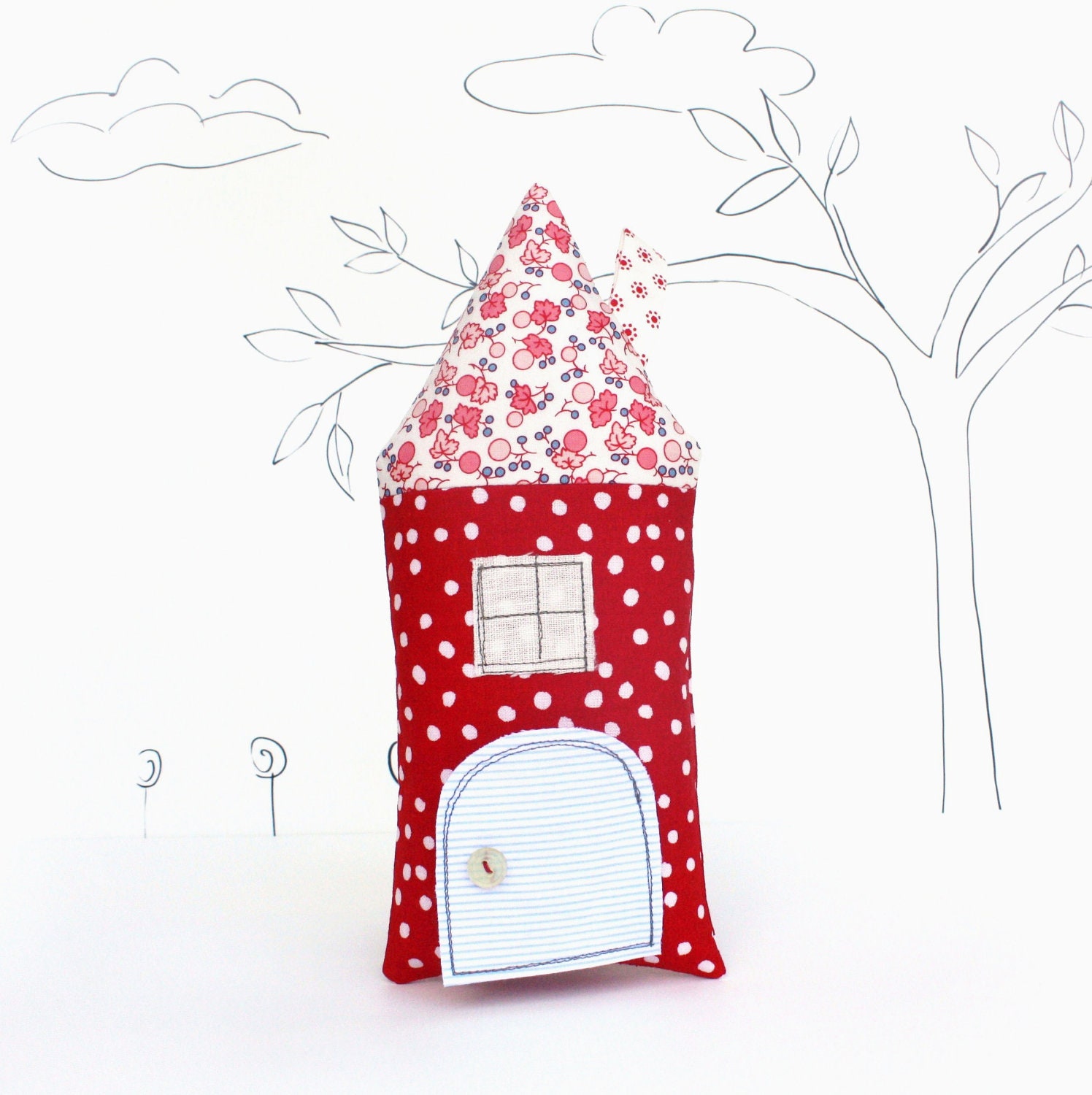 Tooth Fairy House Pillow, Cottage, Red, Polka Dot, Girls, Children, Toy, Open The Door, Stuffed Toy, Keepsake
