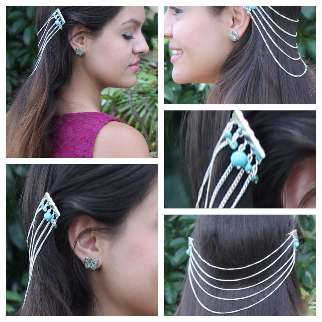 Metal Hair Clip Combs Link Chain Handmade Hair Jewelry Turquoise