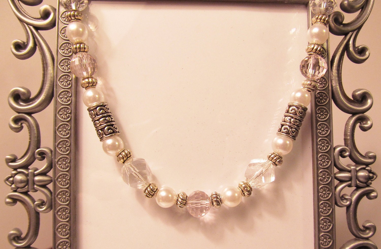 Faceted Clear and Pale Pink Crystals with White Pearls Necklace