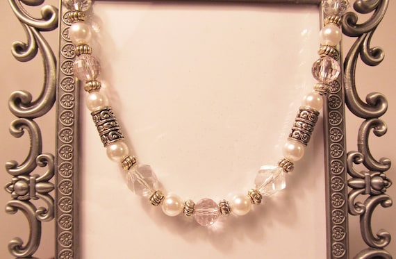 Faceted Clear and Pale Pink Crystals with White Pearls Necklace