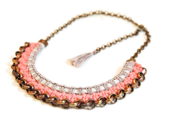 necklace coral mint jersey mauve yarn brass chain crochet 50cm