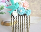 Turquoise Wedding Hair Comb Bridal Head Piece Bridesmaids Gift Pastel Colors Floral Flowers Comb Baby Blue Pink White