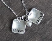 Hand Stamped TWO Name Mommy Necklaces - Personalized Sterling Silver Domed Square