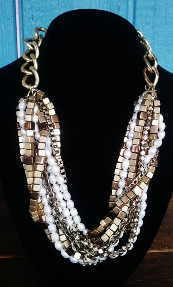 Vintage Necklace, Ann Taylor necklace, designer runway statement necklace, chunky freshwater pearl beaded antique copper & brass chain