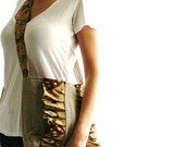 Cross body bag- Linen with ikat print ruffles. Earth tones, 12 x 14 inches. Ruffled purse in brown, red, tan and white