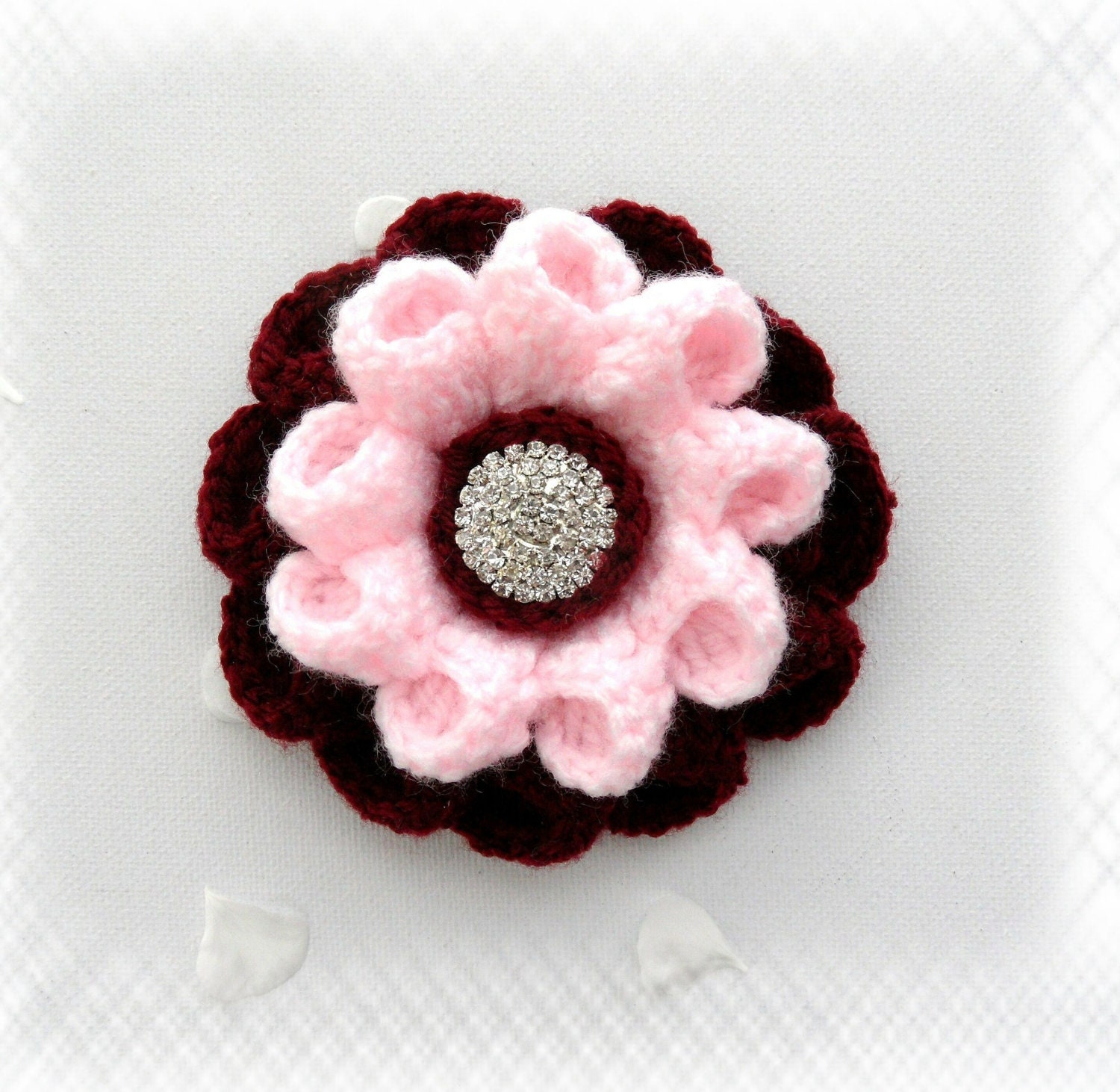 Crochet Brooch -Crochet Corsage Brooch Burgundy Pink Flower with Rhinestone Button
