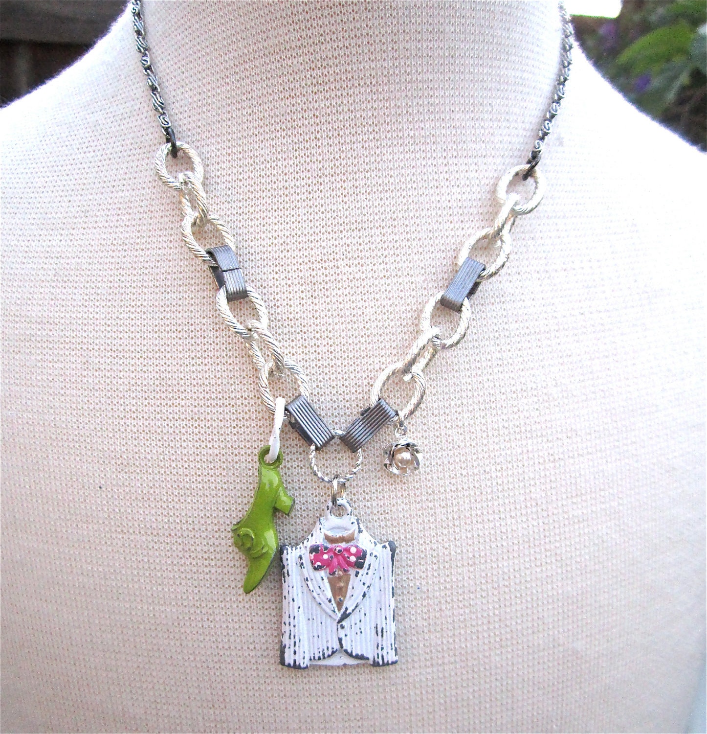 Vintage Kids Charm Necklace Stocking Stuffer Green Shoe White Jacket Shabby Chic Girl Flower Silver Crack Jack - Working Woman