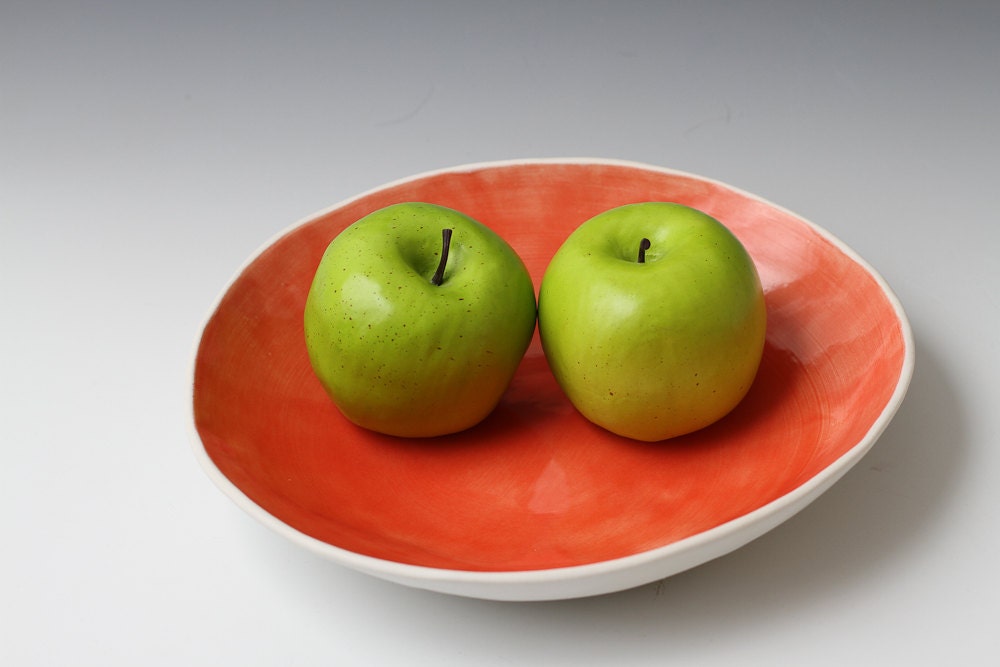 Porcelain Red and White Pottery Ceramic Salad Serving or Fruit Bowl 9 1/2 by 10 1/4 inches - ready to ship