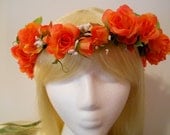 Flower Crown, Head Wreath, Peach, Coral to Orange Rose for Weddings, Bride, Flower Girl, Rave, Woodland, Pixie,Gypsy, Hippie, Fairy, Dance