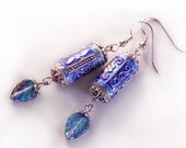 Blue dangle earrings, leaf earrings, cloisonne jewelry, antique earrings, enamel earrings, enamel jewelry