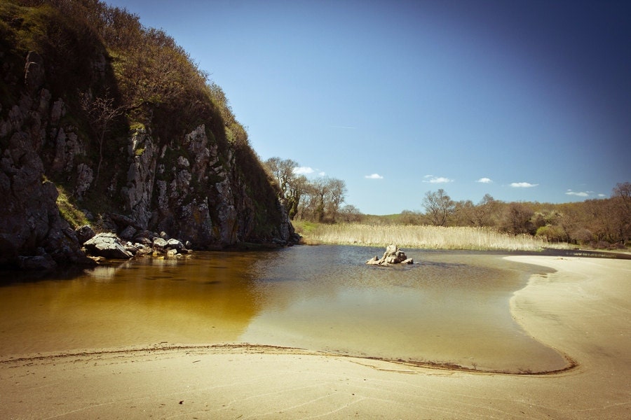 Summer Photography, River and lake print, Rocks cliffs river estuary, Turquoise blue sky and sand 8x12