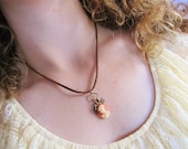 50% OFF Buttercups and Kisses Necklace - coral cameo, flower charm, and leaf charms on a brown suede cord