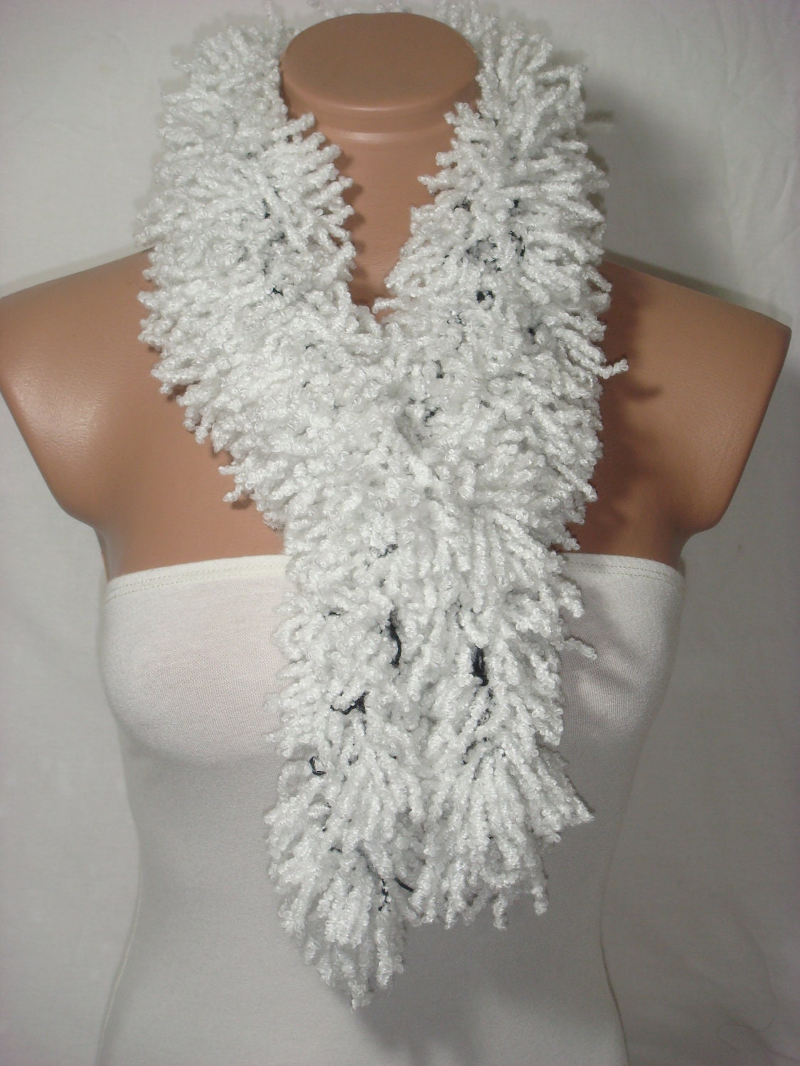 Knitted White Elegant Wool Scarf, Warmer by Arzu's Style