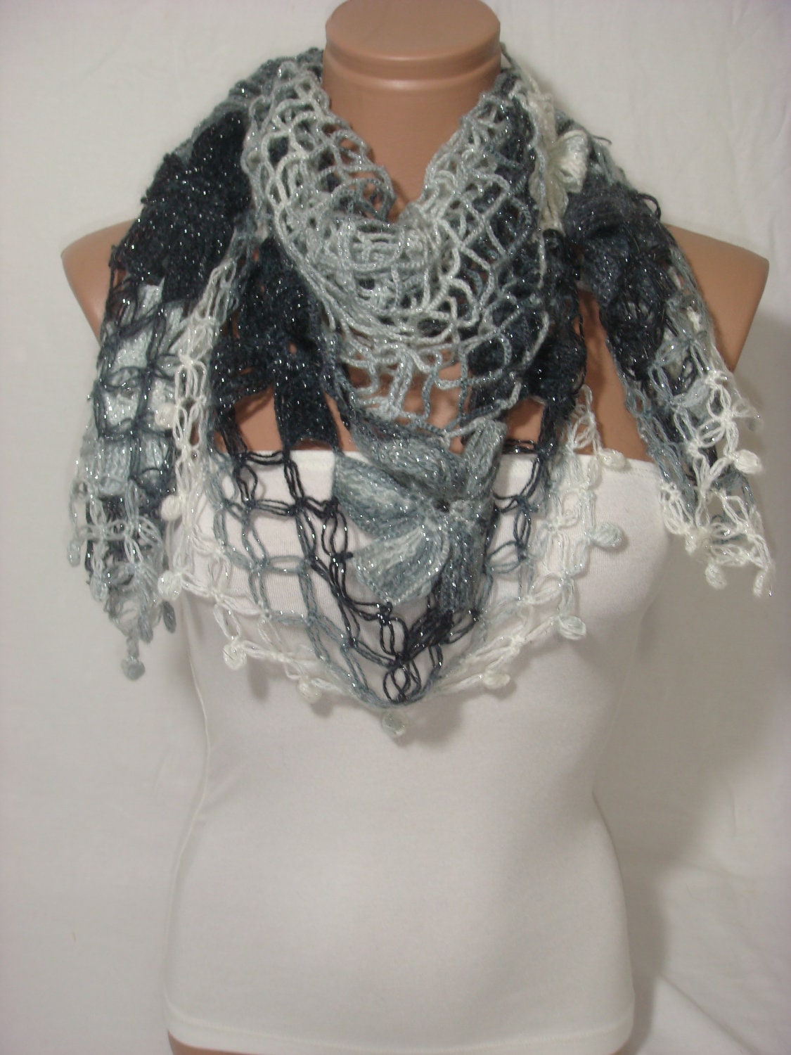 Crocheted gray, white, silver triangle Shawl, Scarf, Christmas,Gift by Arzu's Style