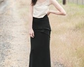 Long Maxi Skirt - coal black comfortable bamboo jersey, tiered southwest boho style with high waist - large and custom sizing available