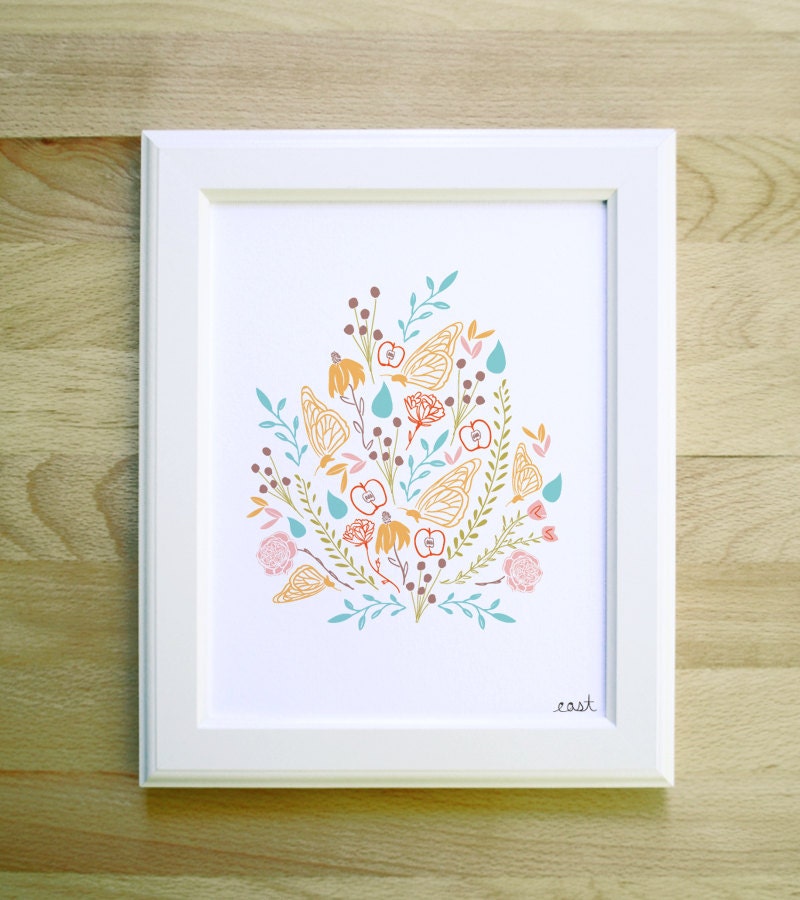 FREE SHIPPING east art print 8 x 10 floral woodland bouquet drawing rain butterfly geometric chic illustration nursery drawing fall pastel