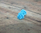 Teal rose earrings small dark sky blue flower cabochon tiny little floral handmade post for pierced ears