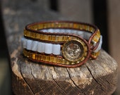 Wrapped Leather Bracelet with Powder Blue Lace Agate & Gold Glass Beads and Vintage Button - Brown Leather Cuff - MixNPatch