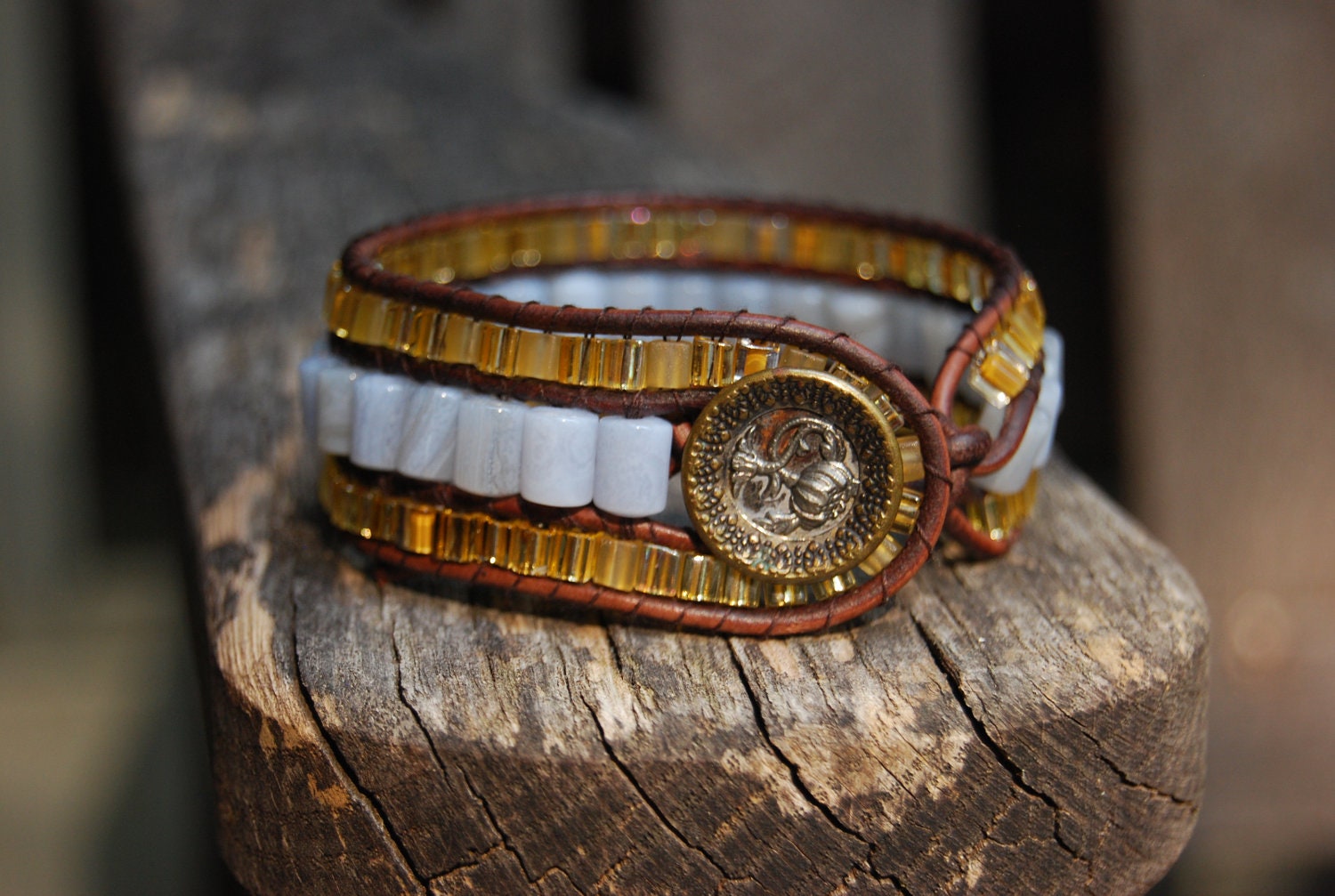 Wrapped Leather Bracelet with Powder Blue Lace Agate & Gold Glass Beads and Vintage Button - Brown Leather Cuff
