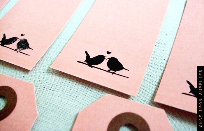24 Pink Love Birds Small Gift Tags - Hand Stamped Lovely Birds - Wedding Favors