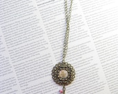 Long Antique Brass necklace with flowers and pink beads