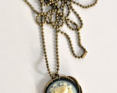 Classic Blue & Cream Rose Necklace - Mother's Day, bronze pendant, long, chain, simple, antiqued, romantic, gift for her
