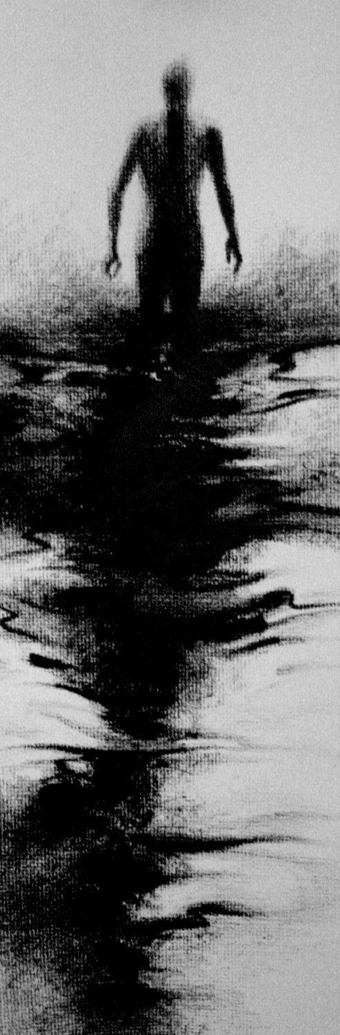 Haunting Figure Drawing Water Wading Gothic Haunting Moody Shadow Dark Fog Fine Art Crayon "Wander XXXII"