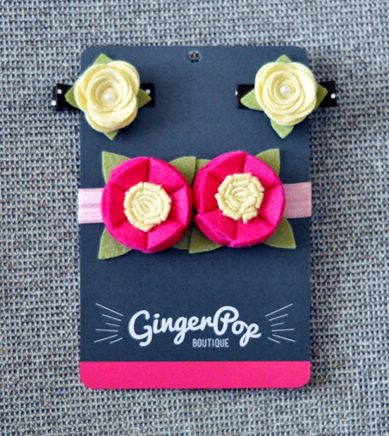 Headband and Clip Set - Hot Pink Poppy Headband and Soft Yellow Pearl Rose Alligator Clips - 100% Handmade Wool Felt Hair Accessory Set