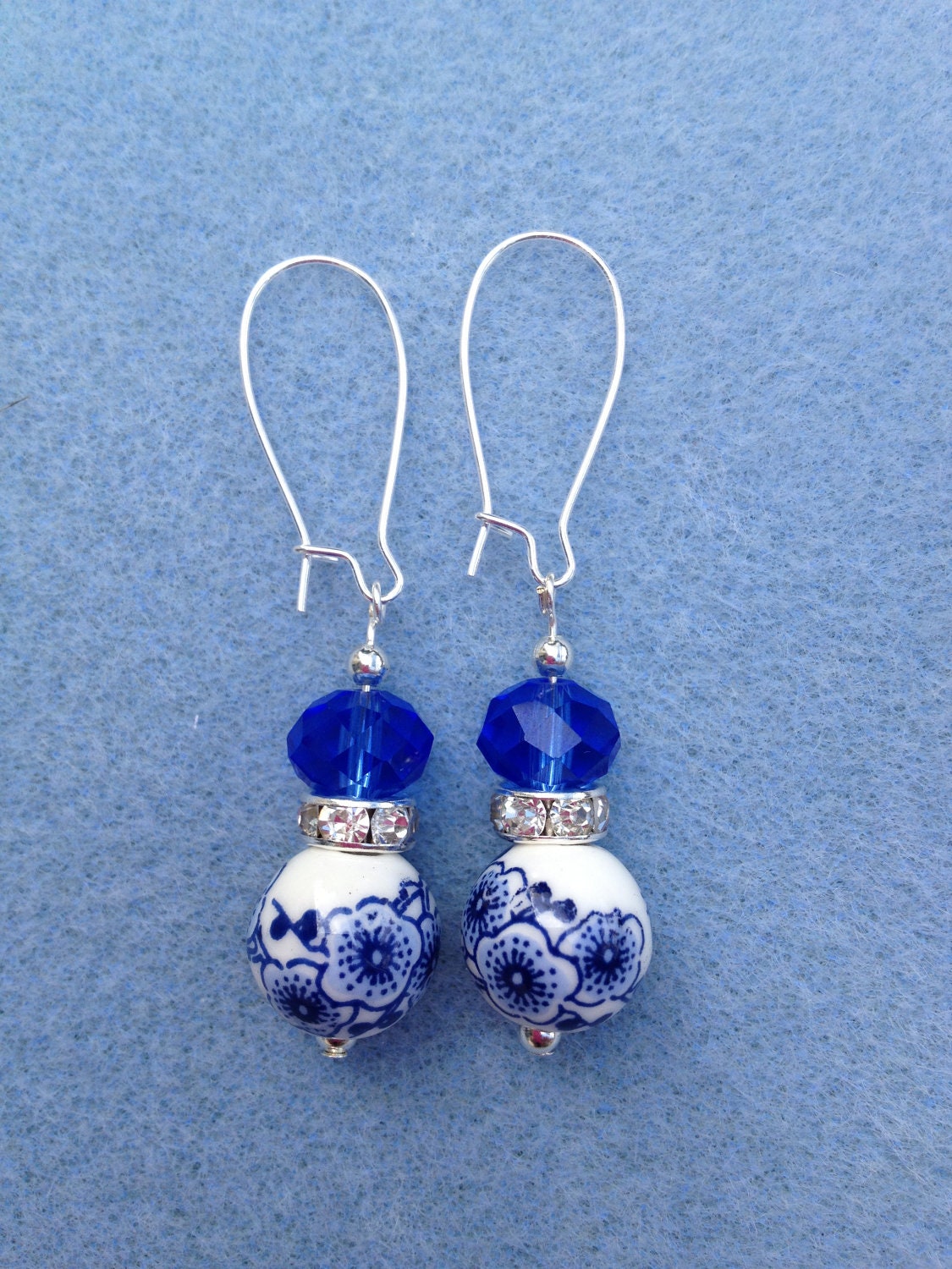 SILVER, SWAROVSKI CRYSTAL, White & Blue Bead Dangle Earrings