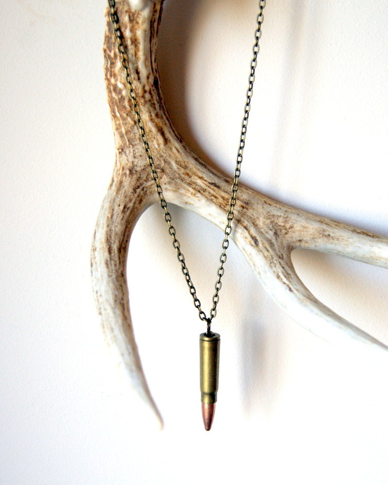 Bullet Necklace - vintage bullet, antiqued brass chain, men, military, unisex fashion - BlackStar