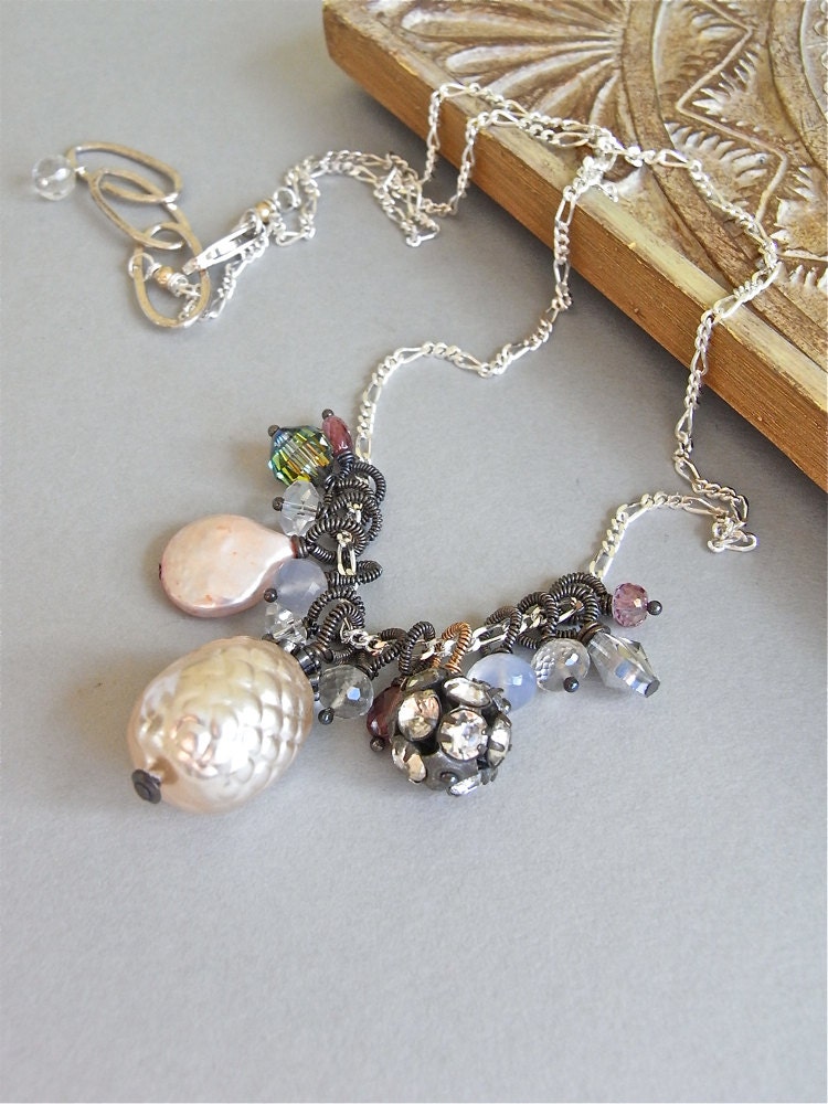 Necklace - sterling silver, wire wrapped, oxidised, vintage crystal, mixed gemstone - Massepain