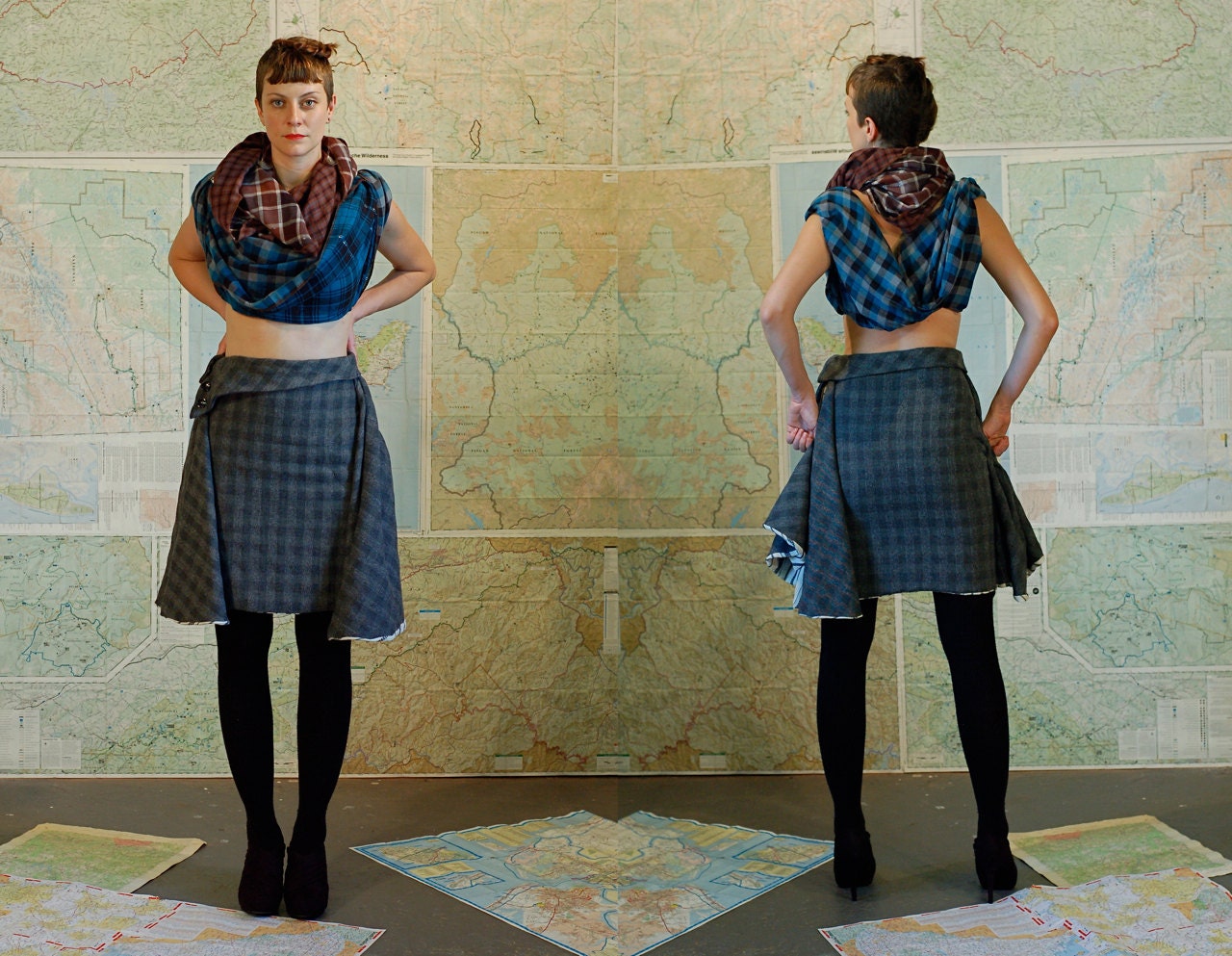 Origami Skirt -- winter wool skirt.  black and grey plaid, hidden pocket, and asymmetrical waistband.
