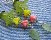 Light Green Bellflower Earrings- Green, Coral and Yellow Beads with Antique Silver