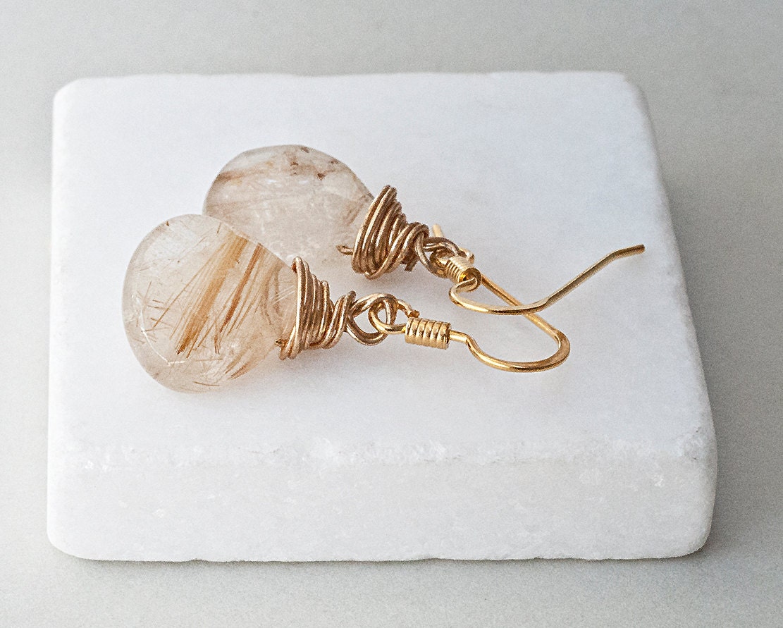 Earrings - Golden Rutilated Quartz Earrings - PiscesAndFishes