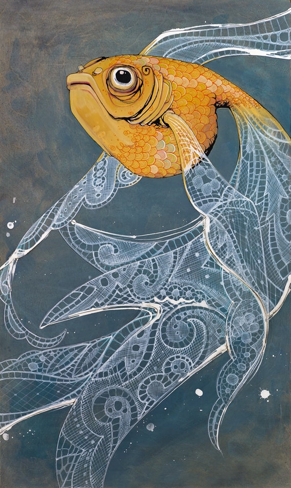 Large giclee art print, orange goldfish with white lace fins on deep aqua blue