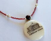 Catalina Island Drawing On Shell Pendant Strung With Pink Irridescent Glass and Silver Beads