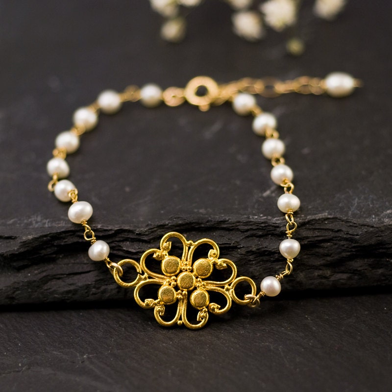 White Pearl Bracelet - Filigree Bracelet - Gold bracelet - Wire wrapped bracelet - bridesmaid bracelet - Mother's Day Gift