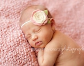 Vintage Pink  and Cream Wool Felt Rose Headband - Newborn Baby Photoprop - Infant - Toddler - Adult