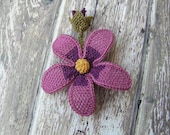 Hand embroidery lace woodland brooch hair pin, rustic 3D flower, knot stitched, eggplant mauve plum purple magenta yellow, shabby chic TAGT