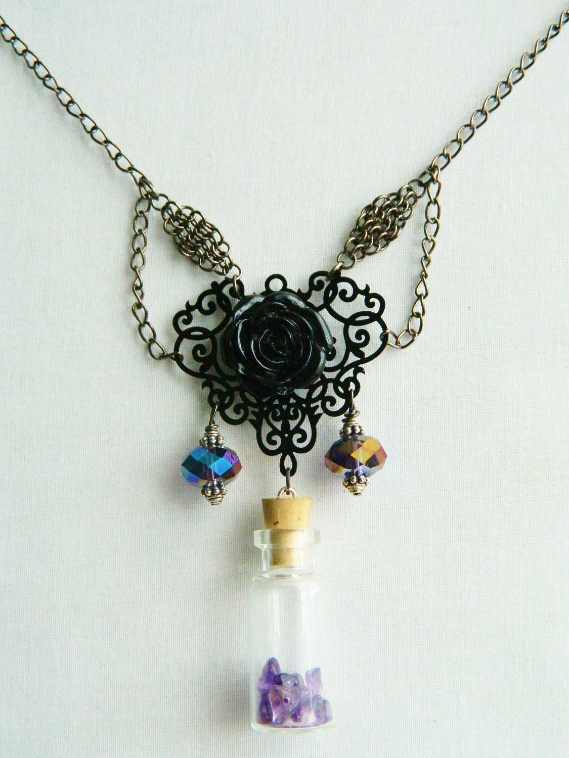 Black Rose and Amethyst Bottle Necklace