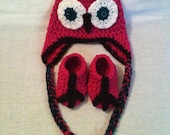 Owl Earflap Hat and "Owl Feet" Booties Set - Hot Pink, Brown, Teal - Newborn to 3 Months- Crochet Baby Shoes