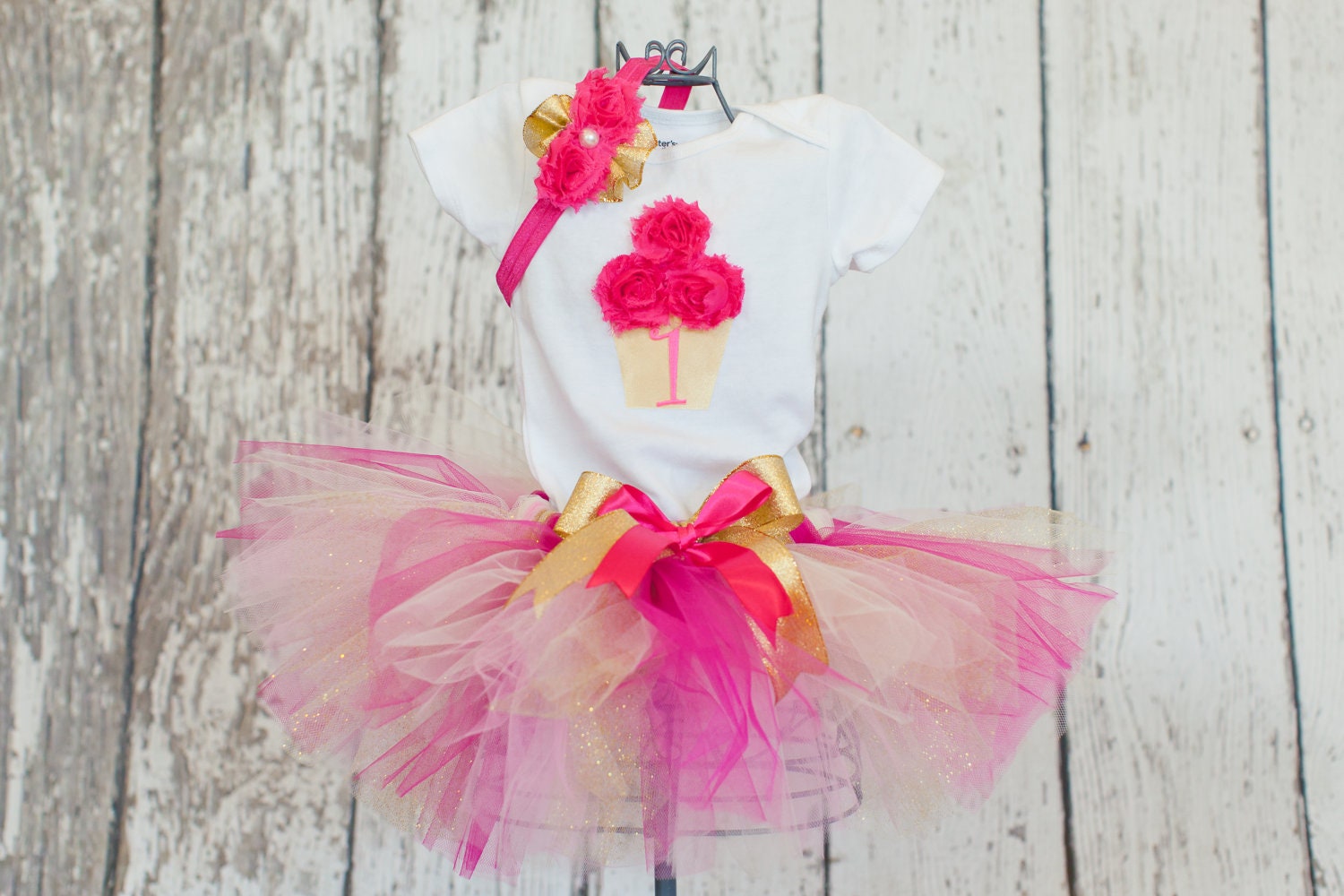 Baby Girl's First Birthday Outfit-3 Piece Sewn Tulle Tutu Skirt with Shirt and 3D Cupcake w/ Age Number & Headband - 9 month-4T